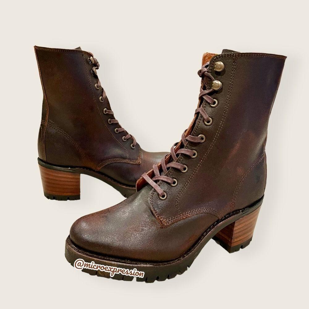 $528 Frye Sabrina Moto Brown Lace Up Leather Chunky Lug Heel Combat Ankle Bootie - Picture 16 of 16
